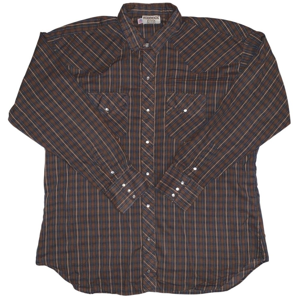 Ruddock Men's XL Brown Blue Plaid Western Pearl Snap Shirt Long Sleeve USA Made